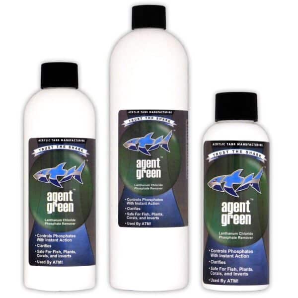 Prior To Dosage Agent Green utilizes calcium’s (and similar alkaline metals) natural attraction to phosphate to conduct an ion exchange that binds phosphate with lanthanum chloride. Agent Green will not be effective with little-to-no calcium and / or alkaline values in the water.  Application Adhere strictly to the instructions of 1ppm daily removal of phosphate with Agent Green.  With a standard medicine dropper, dose 1ml per 38L (10 gal) into a high flow area of the aquarium.  This is equal to approximately 2 drops per 3.78 L (1 gal).  It is important to add to a high flow area of the aquarium to ensure maximum dispersal of Agent Green.  Upon dosing, a visible “smoke” effect should be seen in the water.  If no smoke effect is present, the water column is lacking sufficient alkalinity for phosphate removal.  This usually occurs in freshwater systems that have no calcium buffering.  Additional Tips And Considerations  A handful of crushed sea shells or oyster shells per 95 L (25 gal) in a freshwater aquarium will help to keep calcium buffered to useful levels for phosphate removal with Agent Green  Phosphate Leaching In the event Agent Green is used in long mature aquariums, there is a likelihood that much phosphate has absorbed into rock and other media.  In this case, phosphate will leach out of the rock and media to balance its equilibrium with water column.  This causes the appearance that Agent Green has not removed any phosphate, but the fact is the phosphate was removed and its place was filled by the leached phosphate.  This is a positive, as use of Agent Green is the only phosphate removing method capable of removing phosphate out of the water column and out of the media.  Note:  Agent Green forms an insoluble compound that will not dissolve once created